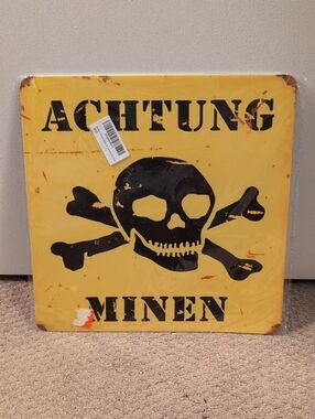 Amazon Yellow and Black 'Achtung Minen' Distressed Bar Metal Wall Sign